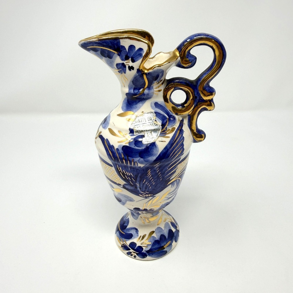 Hubert Bequet Bird of Paradise Pitcher Blue Gold Quaregnon 7 Inch